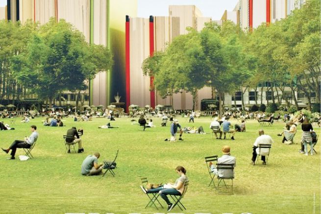 Visitors to the New York Public Library sit on a grass field outside, most of them on chairs.